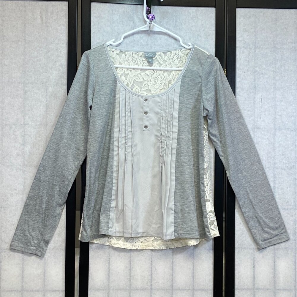Vanity Lace Back Knit Top Grey Ivory M Scoop Neck Pleat Front Panel Cottagecore